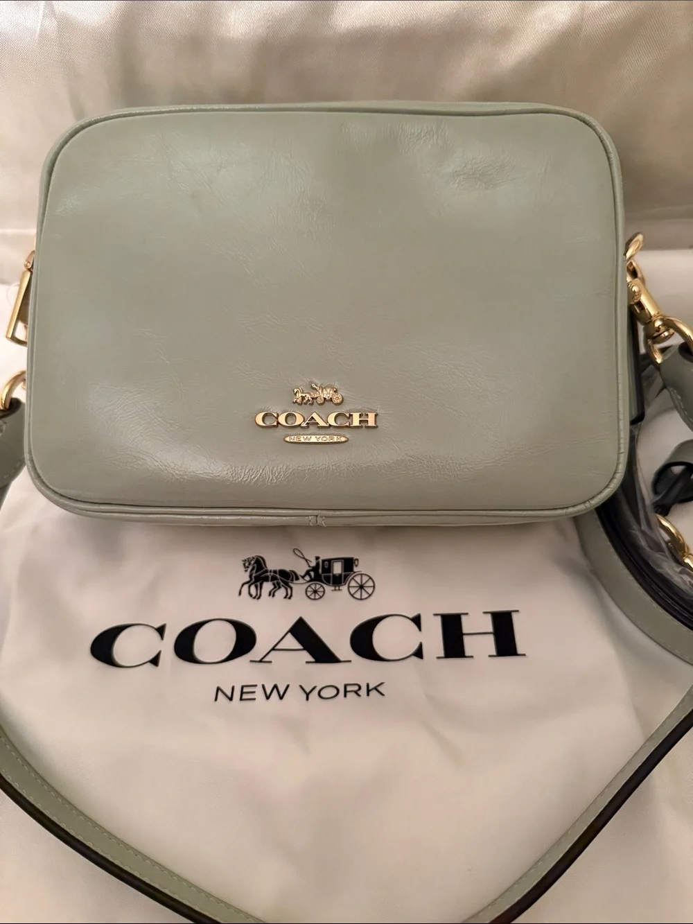 💚COACH NWT Mini Carey Pistachio Green Leather Shoulder Bag with Gold Hardware